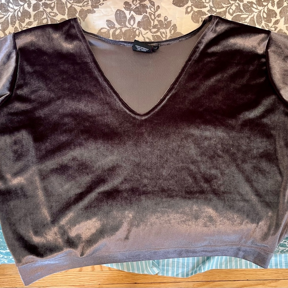 Beautiful soft silver velvety crop top with 3/4 sleeves.